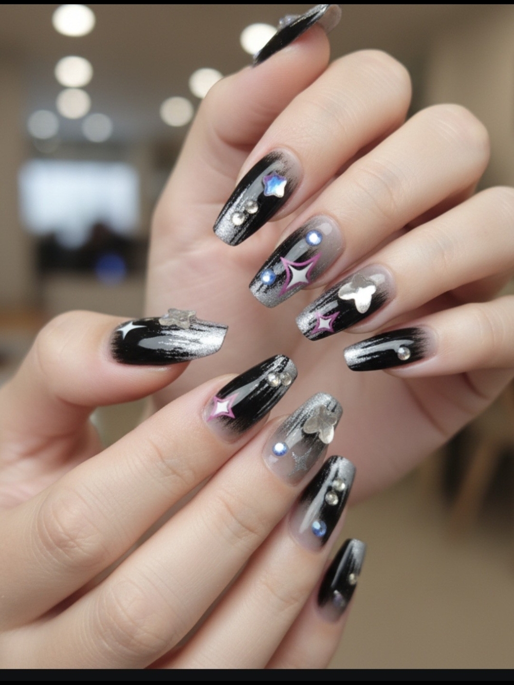 MOCYNE Press On Nails  Reusable Black Ombre Star & Rhinestone New